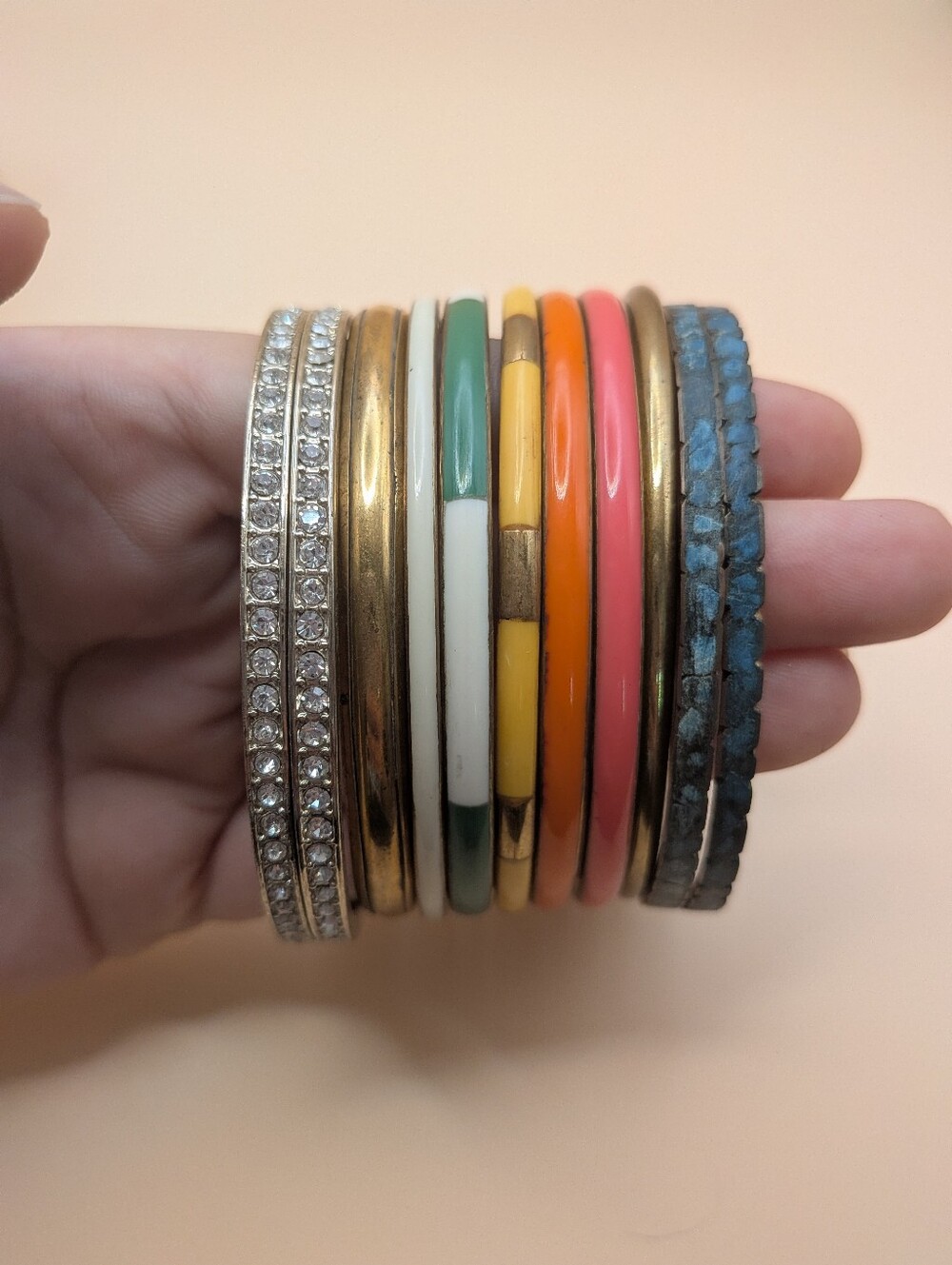 Vintage Set Of 11 Colorful Enamel Brass Rhinestone Thin Bangle Bracelet Stack